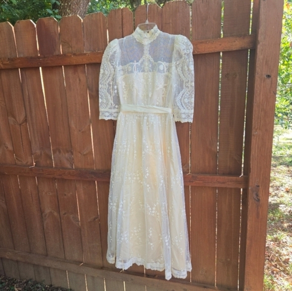 Vintage Dresses & Skirts - Vintage 1980s ILGWU Champagne Floral Lace High Neck Sheer Dress, SIZE S